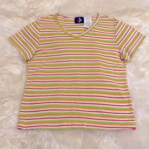 Vintage 90s Orange Green Stripe No Boundaries V Neck Baby T Shirt Top Rave Candy